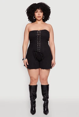 Womens Plus Size Daisy Strapless Lace Up Denim Romper, Black, Size 1X