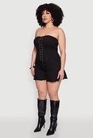 Womens Plus Size Daisy Strapless Lace Up Denim Romper, Black, Size 1X