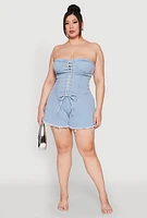 Womens Plus Daisy Strapless Lace Up Denim Romper, Blue,