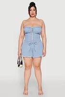 Womens Plus Daisy Strapless Lace Up Denim Romper, Blue,
