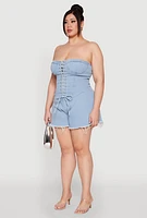 Womens Plus Daisy Strapless Lace Up Denim Romper, Blue,