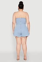 Womens Plus Daisy Strapless Lace Up Denim Romper, Blue,