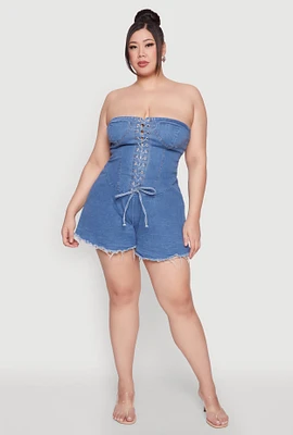 Womens Plus Daisy Strapless Lace Up Denim Romper, Blue,