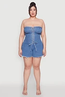 Womens Plus Daisy Strapless Lace Up Denim Romper, Blue,