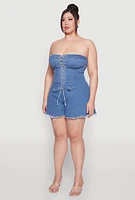 Womens Plus Daisy Strapless Lace Up Denim Romper, Blue,