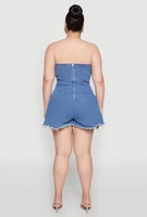 Womens Plus Daisy Strapless Lace Up Denim Romper, Blue,