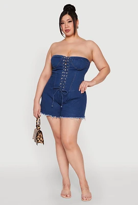 Womens Plus Size Daisy Strapless Lace Up Denim Romper, Blue, Size 3X