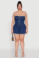 Womens Plus Size Daisy Strapless Lace Up Denim Romper, Blue, Size 3X