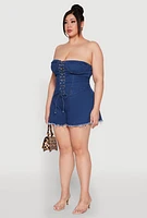 Womens Plus Size Daisy Strapless Lace Up Denim Romper, Blue, Size 3X