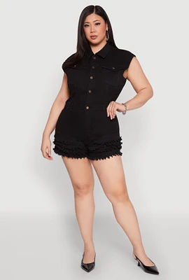 Womens Plus Daisy Frayed Tiered Hem Denim Romper,