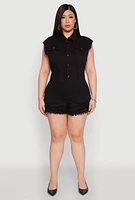 Womens Plus Daisy Frayed Tiered Hem Denim Romper,