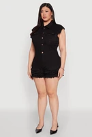 Womens Plus Daisy Frayed Tiered Hem Denim Romper,
