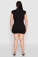 Womens Plus Daisy Frayed Tiered Hem Denim Romper,