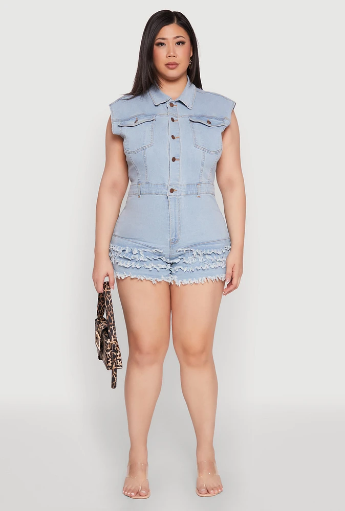 Womens Plus Size Daisy Frayed Tiered Hem Denim Romper, Blue, Size 3X