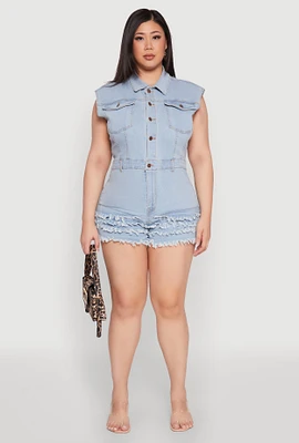 Womens Plus Size Daisy Frayed Tiered Hem Denim Romper, Blue, Size 3X