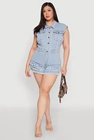 Womens Plus Size Daisy Frayed Tiered Hem Denim Romper, Blue, Size 3X