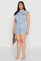Womens Plus Daisy Frayed Tiered Hem Denim Romper, Blue,