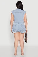 Womens Plus Size Daisy Frayed Tiered Hem Denim Romper, Blue, Size 3X