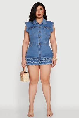 Womens Plus Daisy Frayed Tiered Hem Denim Romper, Blue,