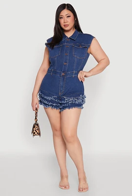 Womens Plus Daisy Frayed Tiered Hem Denim Romper, Blue,