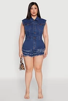 Womens Plus Daisy Frayed Tiered Hem Denim Romper, Blue,