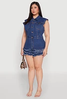 Womens Plus Daisy Frayed Tiered Hem Denim Romper, Blue,