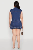 Womens Plus Daisy Frayed Tiered Hem Denim Romper, Blue,