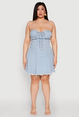 Womens Plus Size Daisy Denim Lace Up Corset Dress, Blue, Size 1X