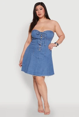 Womens Plus Daisy Denim Lace Up Corset Dress, Blue,