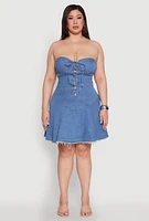 Womens Plus Daisy Denim Lace Up Corset Dress, Blue,