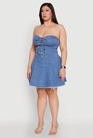 Womens Plus Daisy Denim Lace Up Corset Dress, Blue,
