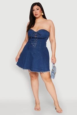Womens Plus Size Daisy Denim Lace Up Corset Dress, Blue, Size 3X