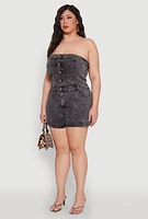 Womens Plus Size Daisy Mineral Wash Strapless Denim Romper, Grey, Size 3X