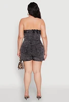 Womens Plus Size Daisy Mineral Wash Strapless Denim Romper, Grey, Size 3X