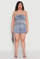 Womens Plus Size Daisy Mineral Wash Strapless Denim Romper, Blue, Size 3X