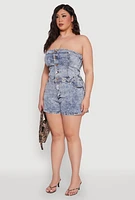 Womens Plus Size Daisy Mineral Wash Strapless Denim Romper, Blue, Size 3X