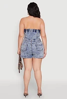 Womens Plus Size Daisy Mineral Wash Strapless Denim Romper, Blue, Size 3X
