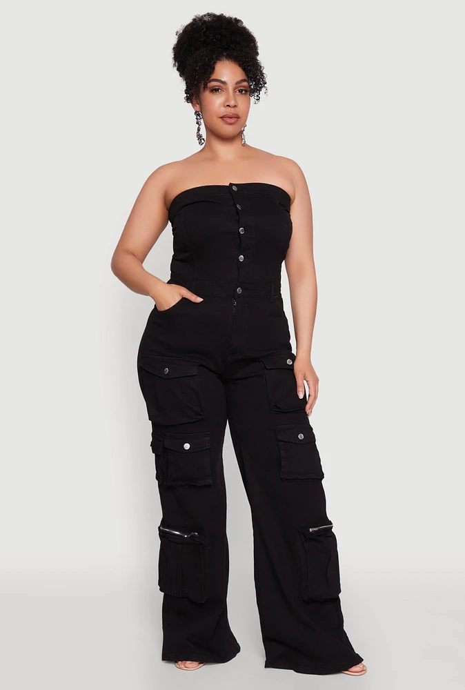 Womens Plus Daisy Strapless Cargo Denim Jumpsuit,