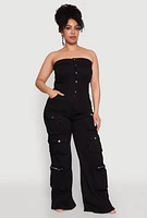 Womens Plus Daisy Strapless Cargo Denim Jumpsuit,