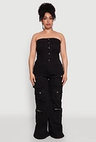 Womens Plus Daisy Strapless Cargo Denim Jumpsuit,