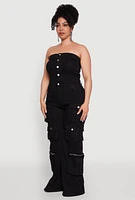 Womens Plus Daisy Strapless Cargo Denim Jumpsuit,