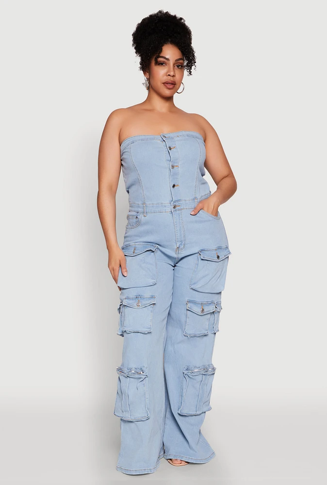 Womens Plus Daisy Strapless Cargo Denim Jumpsuit, Blue,