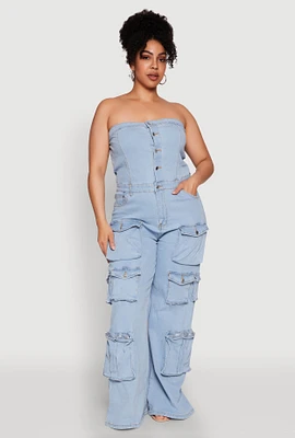 Womens Plus Daisy Strapless Cargo Denim Jumpsuit, Blue,