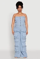 Womens Plus Daisy Strapless Cargo Denim Jumpsuit, Blue,