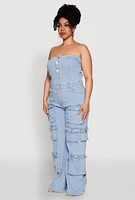 Womens Plus Daisy Strapless Cargo Denim Jumpsuit, Blue,