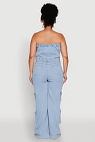 Womens Plus Daisy Strapless Cargo Denim Jumpsuit, Blue,