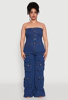 Womens Plus Daisy Strapless Cargo Denim Jumpsuit, Blue,
