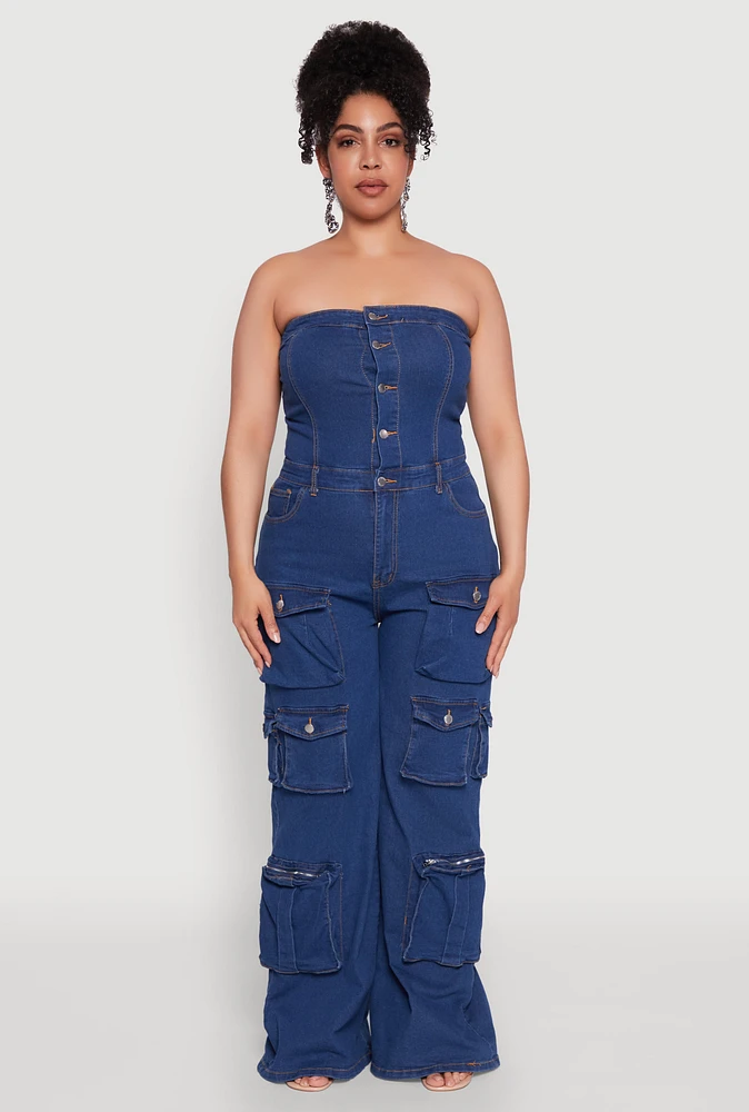 Womens Plus Size Daisy Strapless Cargo Denim Jumpsuit, Blue, Size 2X