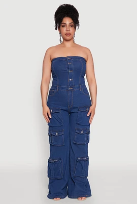 Womens Plus Size Daisy Strapless Cargo Denim Jumpsuit, Blue, Size 2X