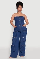 Womens Plus Daisy Strapless Cargo Denim Jumpsuit, Blue,